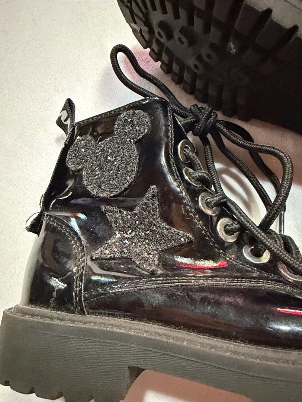 Zara Kids Disney Mickey Mouse Black Patent Combat Boots with Glitter Appliqué